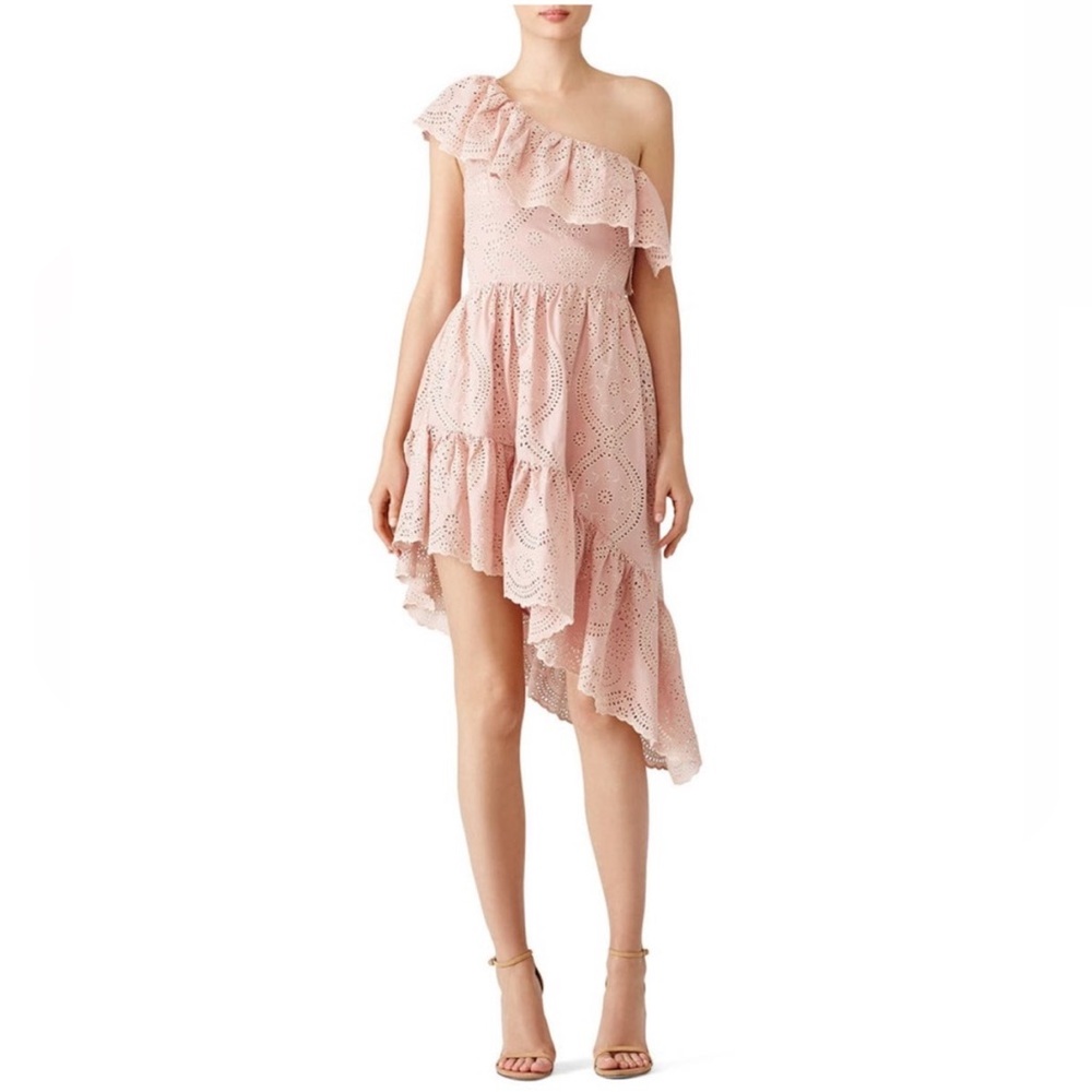 LoveShackFancy Blush Pink One-Shoulder Eyelet Ruffle Dress